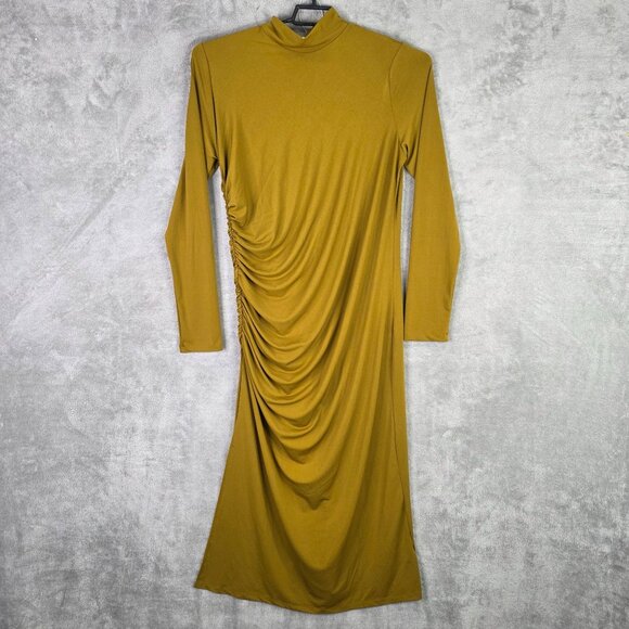 Womens H&M Yellow Ruched Midi Dress Turtleneck Long Sleeve Polyester Stretch XL - Picture 2 of 12